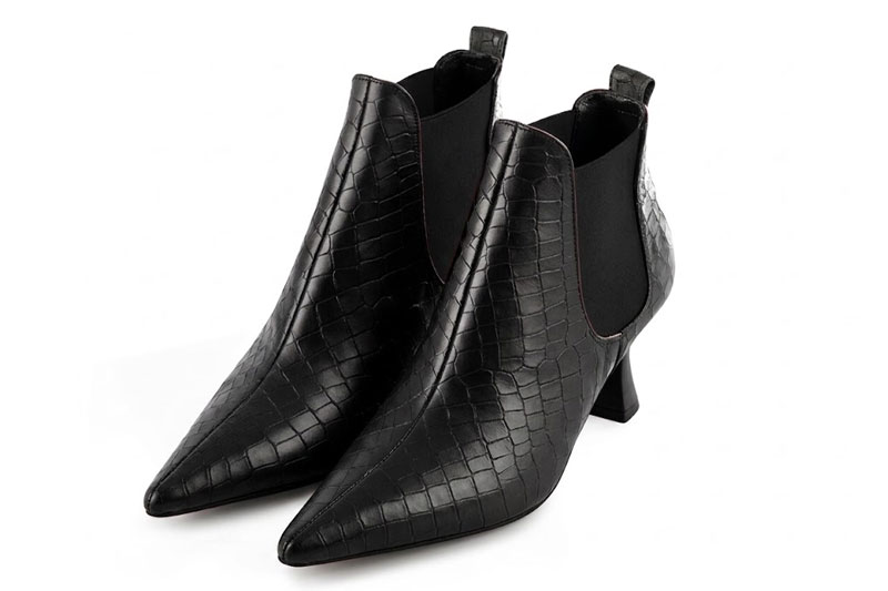 Dress Chelsea ankle boots side elastics in satin black and matt black leather with medium spool heels and pointed toe - Front view